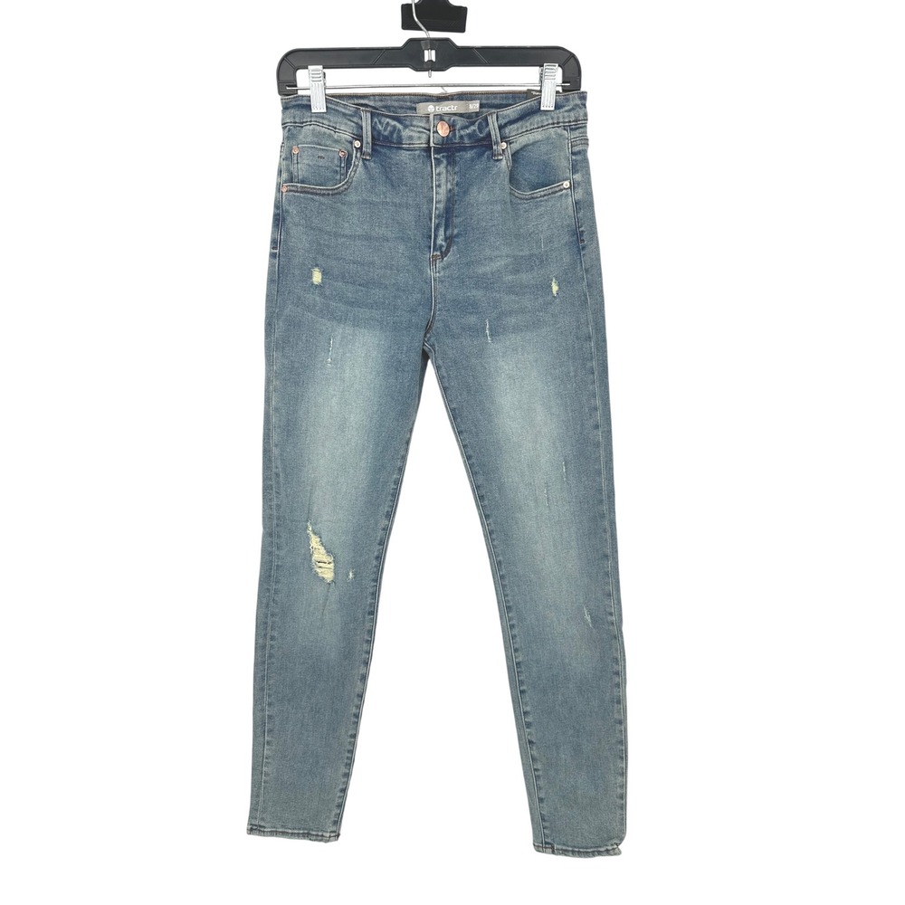Tractr Diane Mid Rise Jeans Women 8/29 Blue Distressed Slim Fit Denim Casual